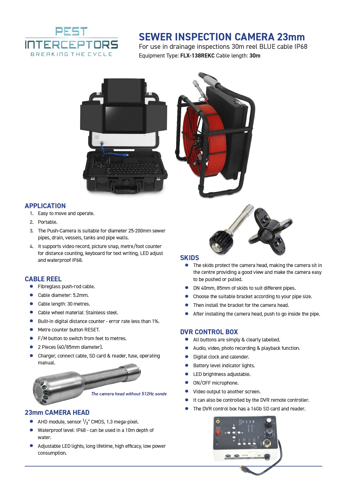 Sewer Inspection Camera 23mm - For use in drainage inspections 30 metre reel BLUE cable IP68