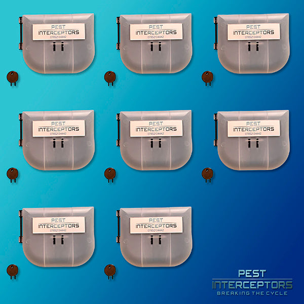 8 x Mouse Bait Station PLUS 8 x Blue Bar Snap Back Mouse Traps from Pest Interceptors