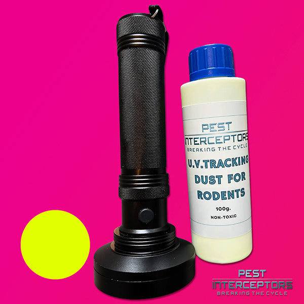 UV Fluorescent Tracking Dust 100g Non-Toxic including UV Torch Light Blacklight Flashlight (100 LED) for Tracking Rodents - Rats/Mice/Squirrels for Tracing Pests Inside Home
