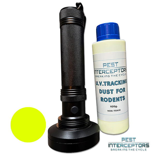 UV Fluorescent Tracking Dust 100g Non-Toxic including UV Torch Light Blacklight Flashlight (100 LED) for Tracking Rodents - Rats/Mice/Squirrels for Tracing Pests Inside Home
