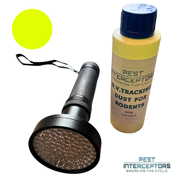 UV Fluorescent Tracking Dust 100g Non-Toxic including UV Torch Light Blacklight Flashlight (100 LED) for Tracking Rodents - Rats/Mice/Squirrels for Tracing Pests Inside Home