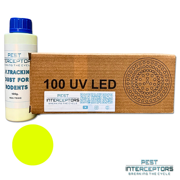 UV Fluorescent Tracking Dust 100g Non-Toxic including UV Torch Light Blacklight Flashlight (100 LED) for Tracking Rodents - Rats/Mice/Squirrels for Tracing Pests Inside Home