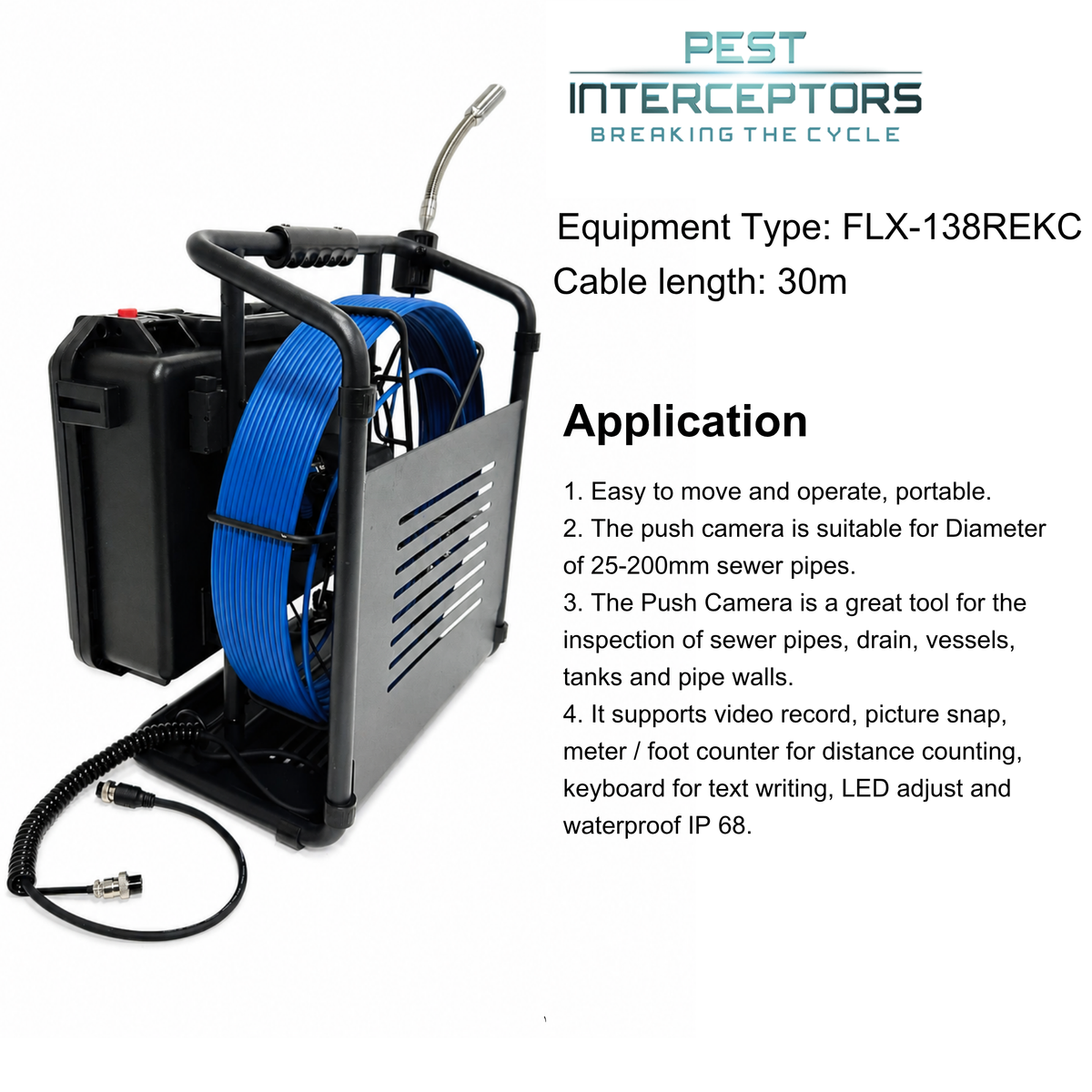 Pest Interceptors Sewer Inspection Camera 23mm - For use in drainage inspections 30 metre reel BLUE cable (5.2mm cable thickness)IP68