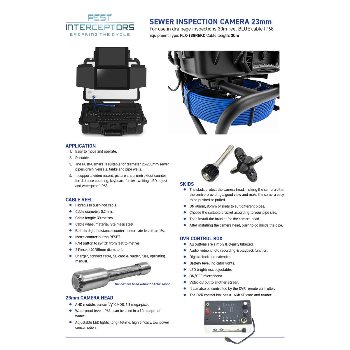 Pest Interceptors Sewer Inspection Camera 23mm - For use in drainage inspections 30 metre reel BLUE cable (5.2mm cable thickness)IP68