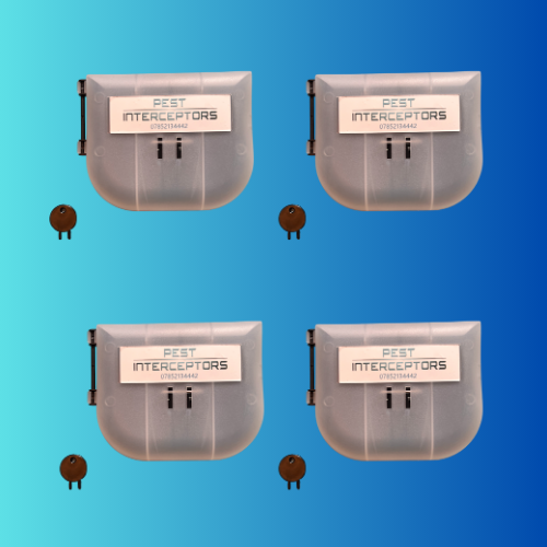 4x Mouse Bait Station PLUS 4x Blue Bar Snap Back Mouse Traps from Pest Interceptors